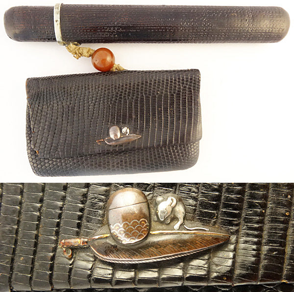 Antique Japanese Shakudo Pouch Pipe Case Mixed Metal Silver (5516)
