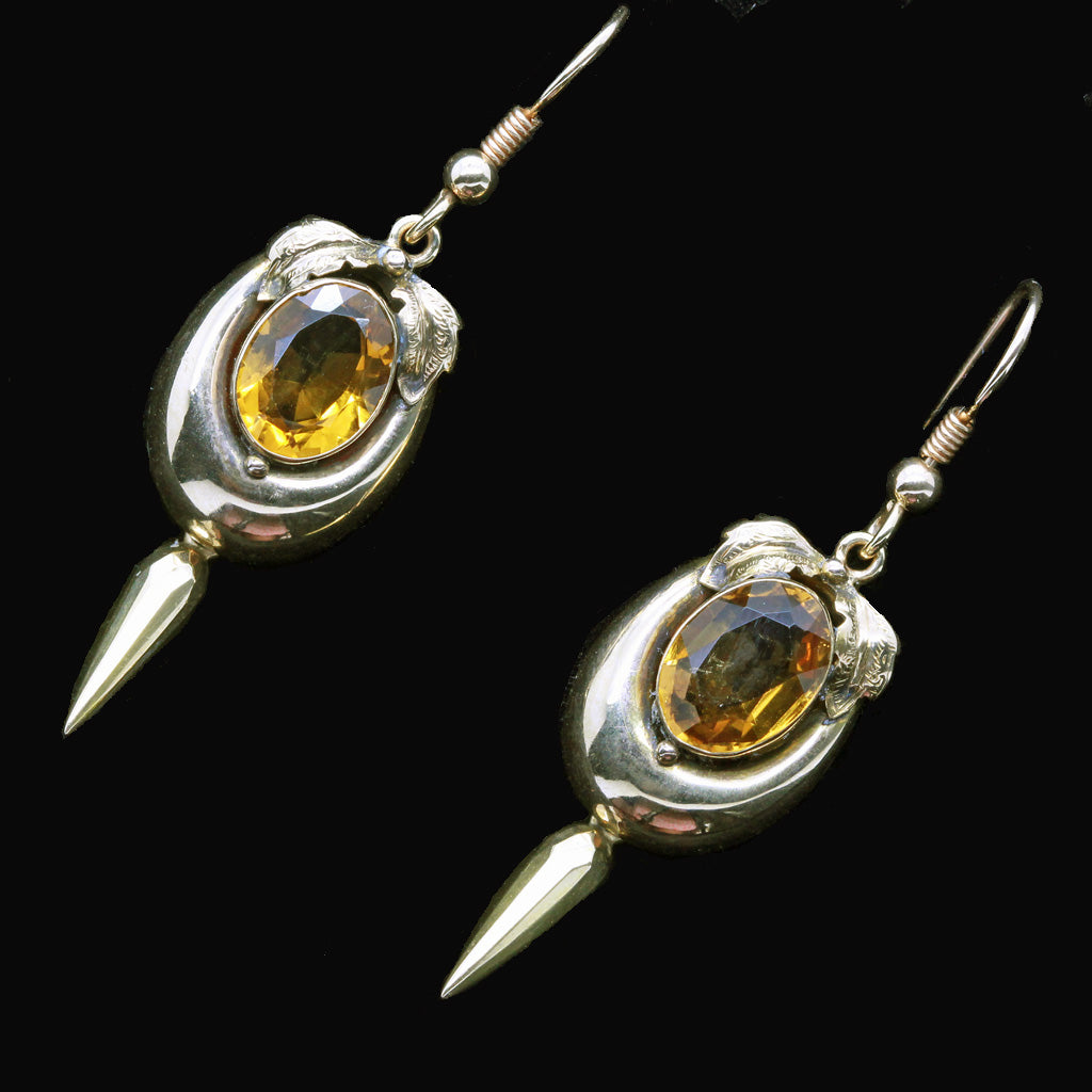 Antique Victorian Earrings 9ct Gold Citrine Ear Pendants (6750)