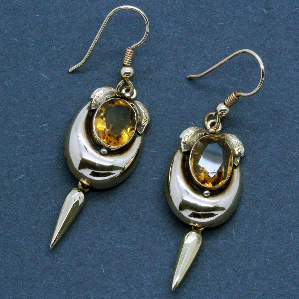 Antique Victorian Earrings 9ct Gold Citrine Ear Pendants (6750)
