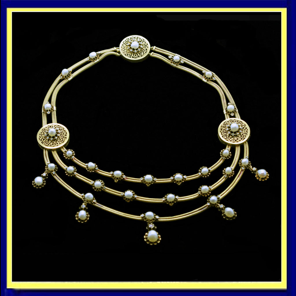 Antique Victorian ncklace gold natural pearls diamonds French