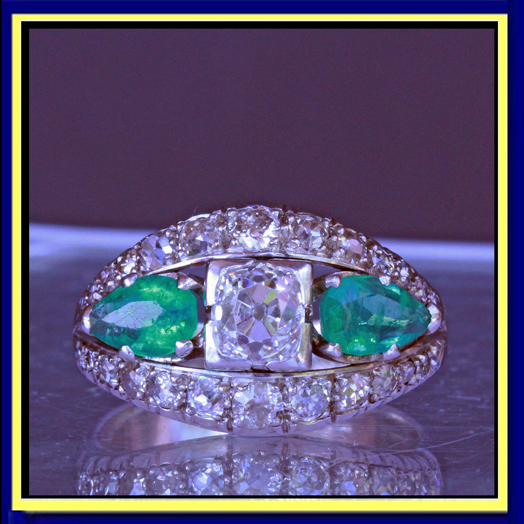 vintage retro ring diamonds emeralds platinum wedding engagement