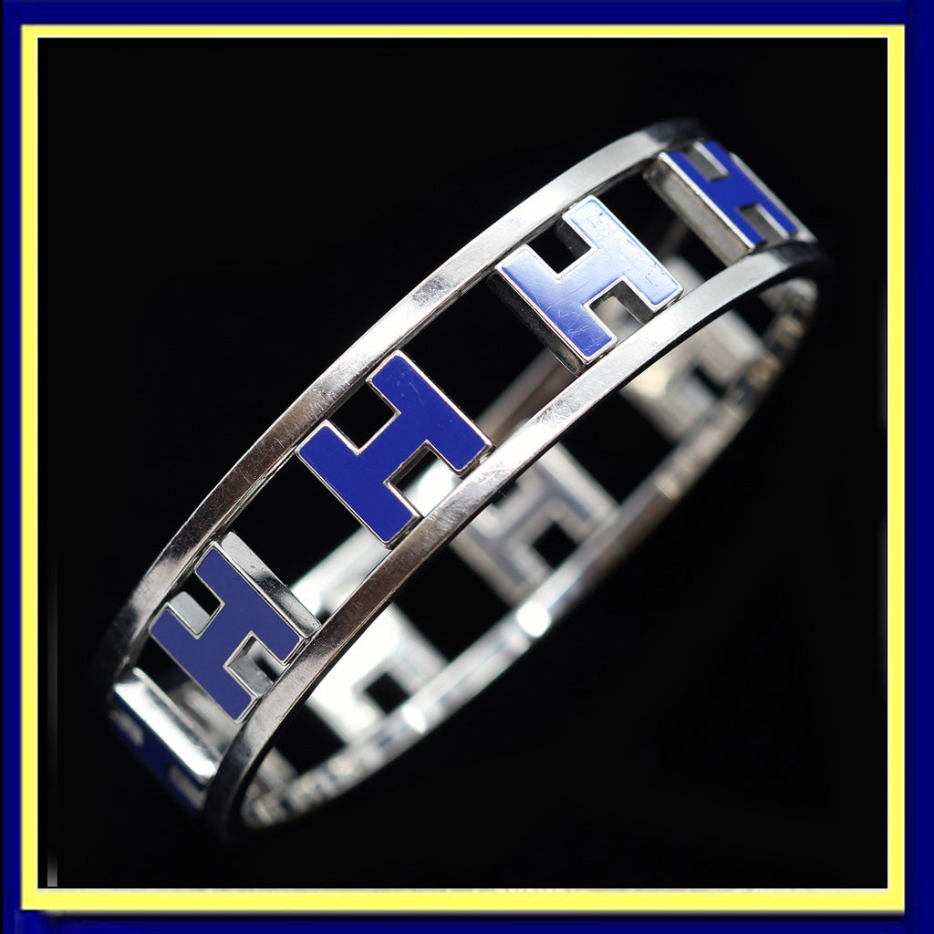 Hermes H Bangle Vintage Retired Blue Enamel Multiple H's Swivels Reverse (6258)