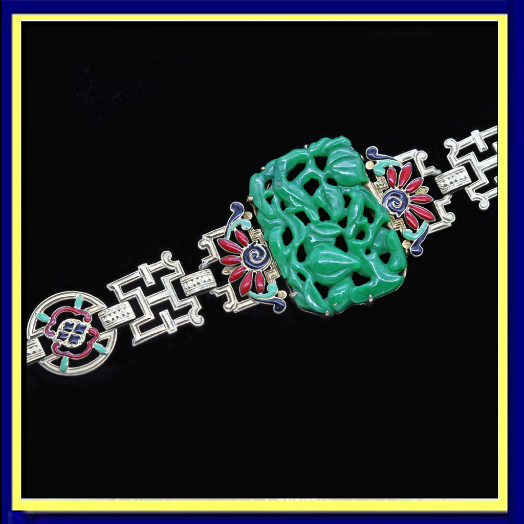 French Chinese bracelet gold enamel certified natural jade Art Deco bangle(5860)