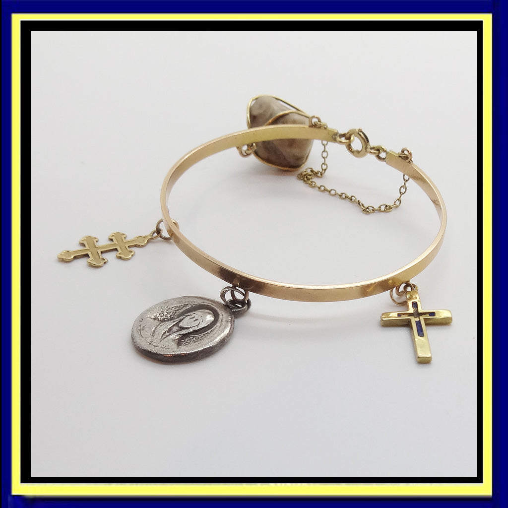 Vintage Bracelet 18k Gold Silver Cross Charms Mother Mary Christian (6006)