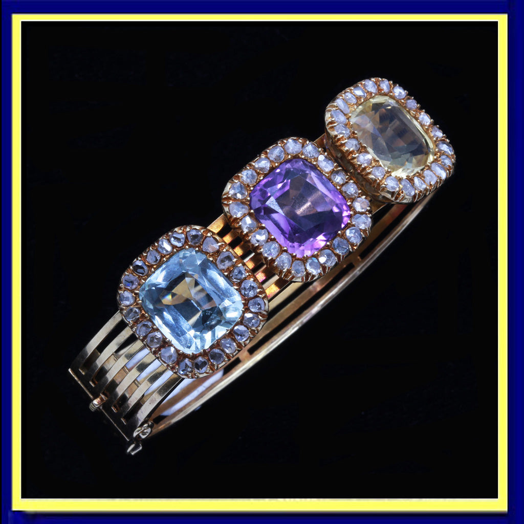 Antique Victorian Bangle Bracelet Gold Diamonds Aquamarine Gems Appraisal (6516