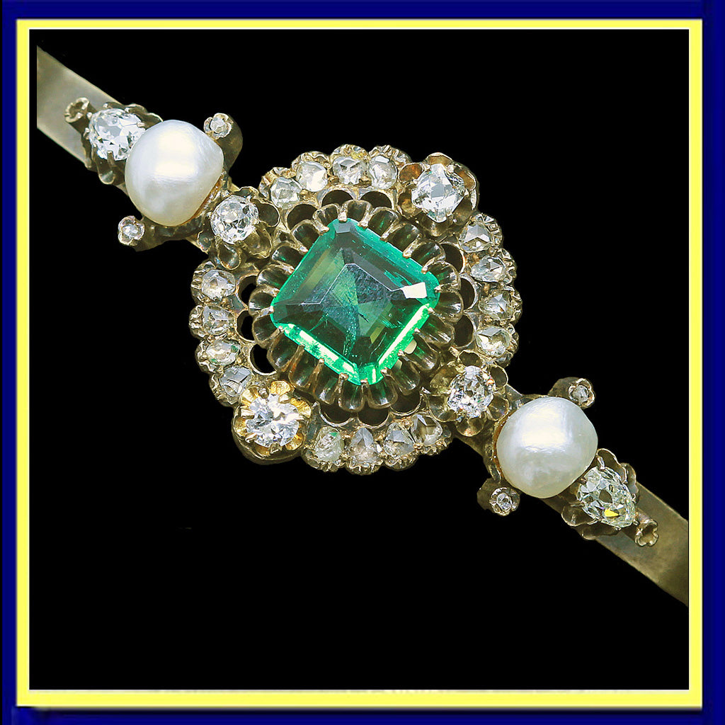 Victorian Bangle Bracelet Emerald Diamonds Pearls 14k Gold Antique Jewelry (6612)