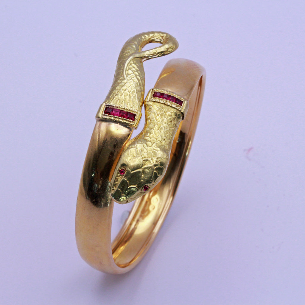 Antique Art Deco Bangle Bracelet Gold Rubies coiling Snake expands (7147)
