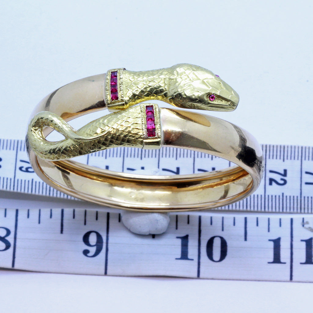Antique Art Deco Bangle Bracelet Gold Rubies coiling Snake expands (7147)