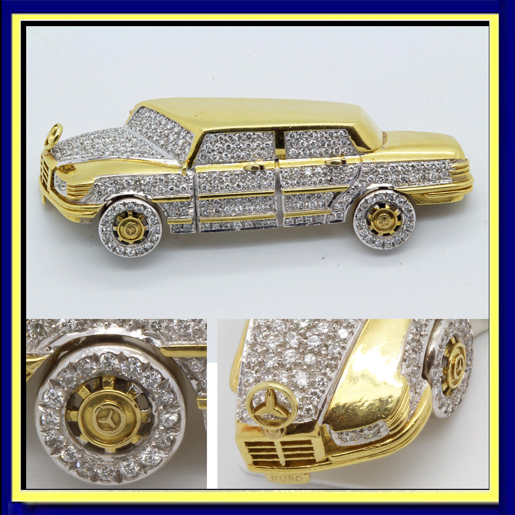 brooch Mercedes Benz car gold diamonds unisex