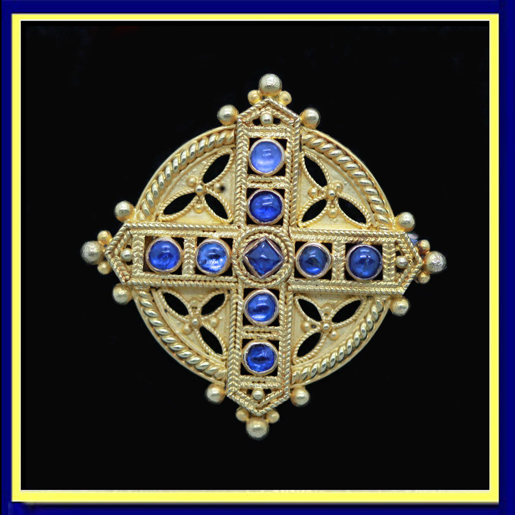 Castellani brooch cross gold sapphires Victorian Renaissance Revival