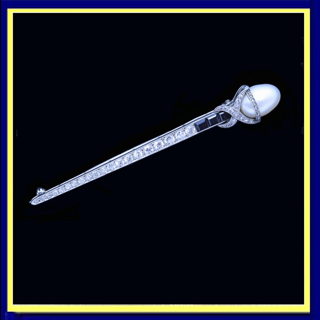 Deco large natural saltwater pearl diamonds onyx brooch pin