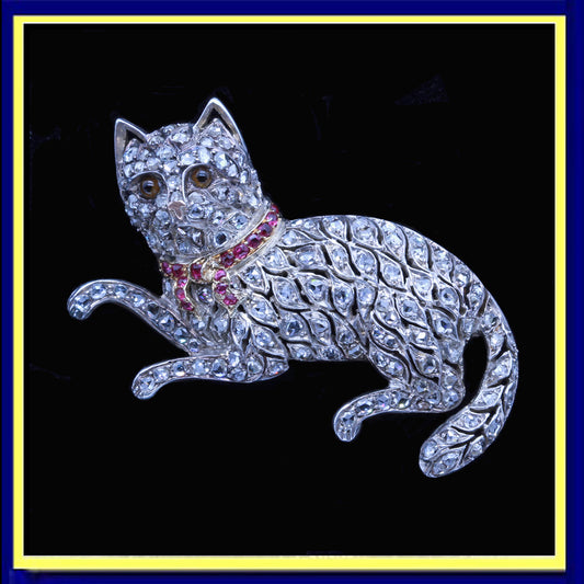 Antique Cat Brooch Gold Diamonds Silver Rubies Belle Epoque w Appraisal (6508)