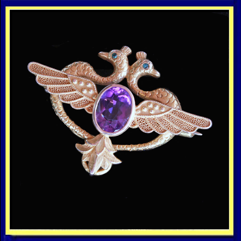 antique art nouveau brooch enhancer gold amethyst peacocks