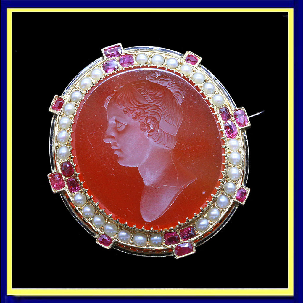 victorian brooch pendant intaglio cameo gold carnelian rubies pearls