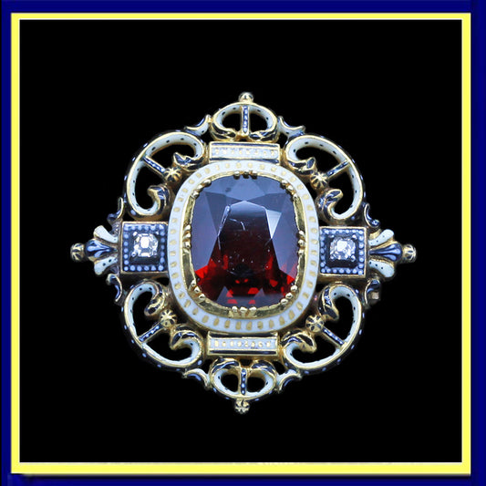 Carlo Giuliano brooch Renaissance Revival gold enamel garnet diamonds