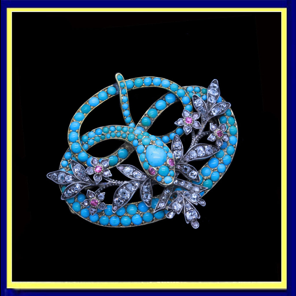 antique Victorian brooch pendant snake turquoise diamonds rubies gold