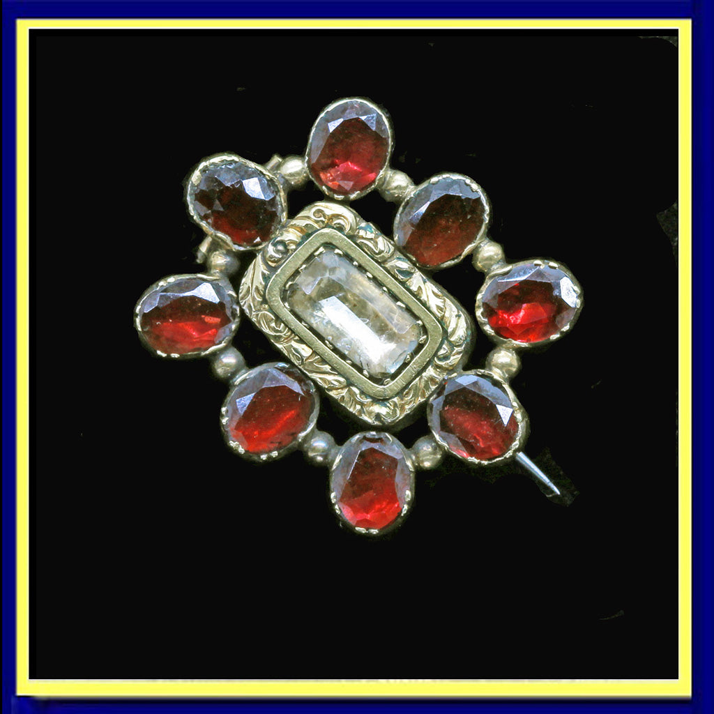Antique Georgian brooch gold garnet crystal English Memorial jewelry