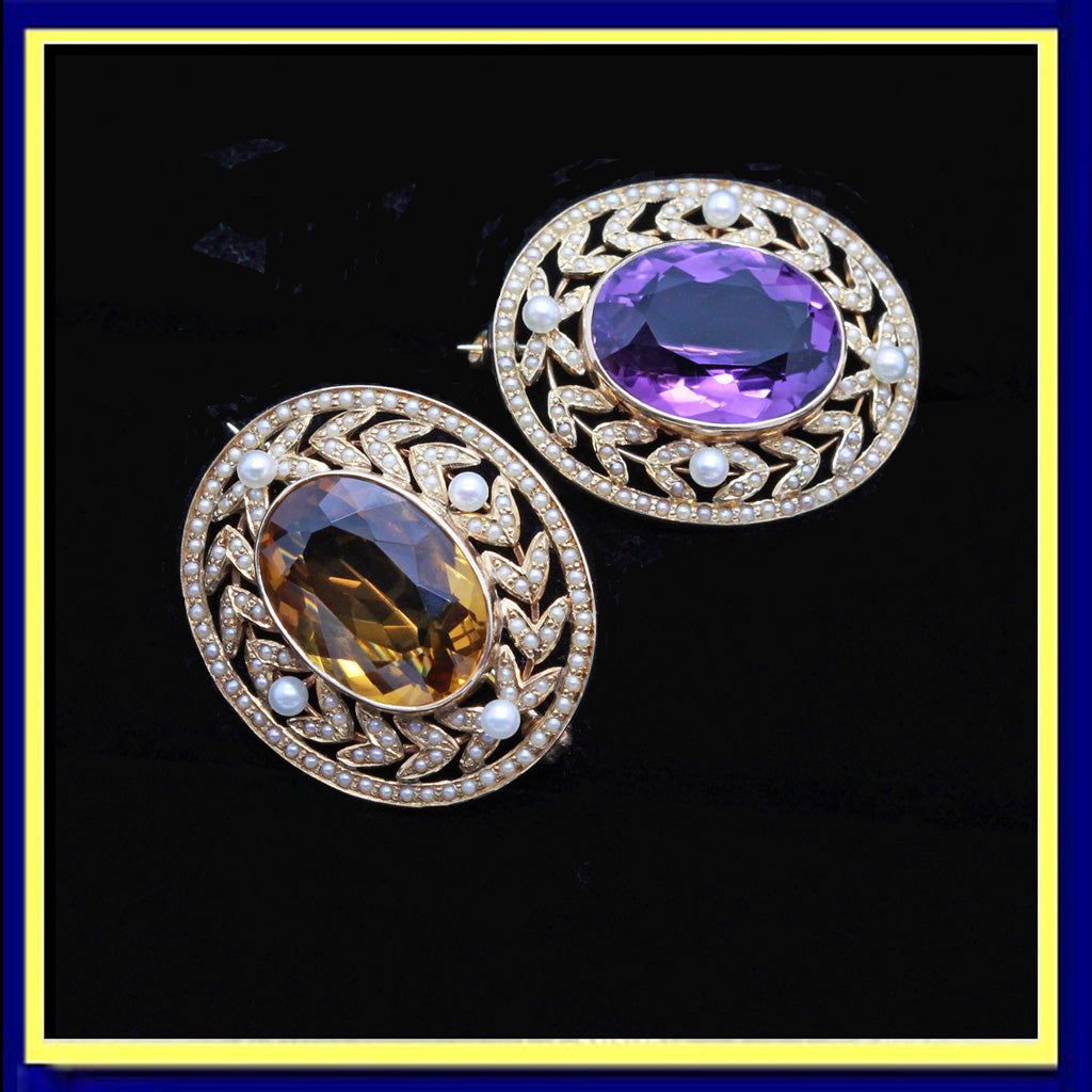 Antique Edwardian pair brooches gold pearls amethyst citrine SOLINGER