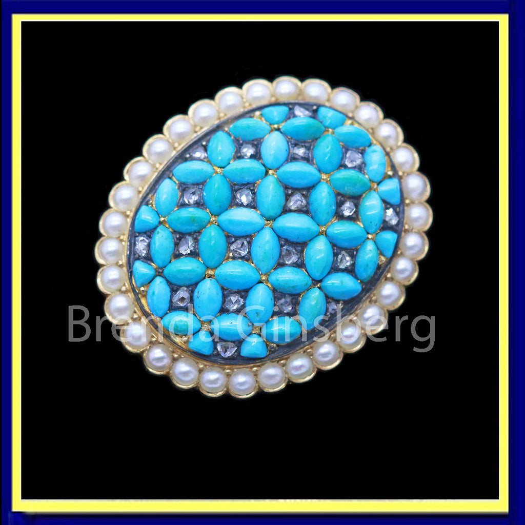 Antique Victorian brooch locket gold turquoise diamonds pearls 