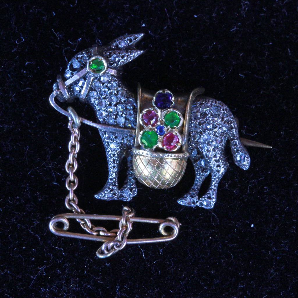 Antique Brooch Donkey Gold Diamonds Demantoid Garnet Ruby Sapphire Unisex(6917)