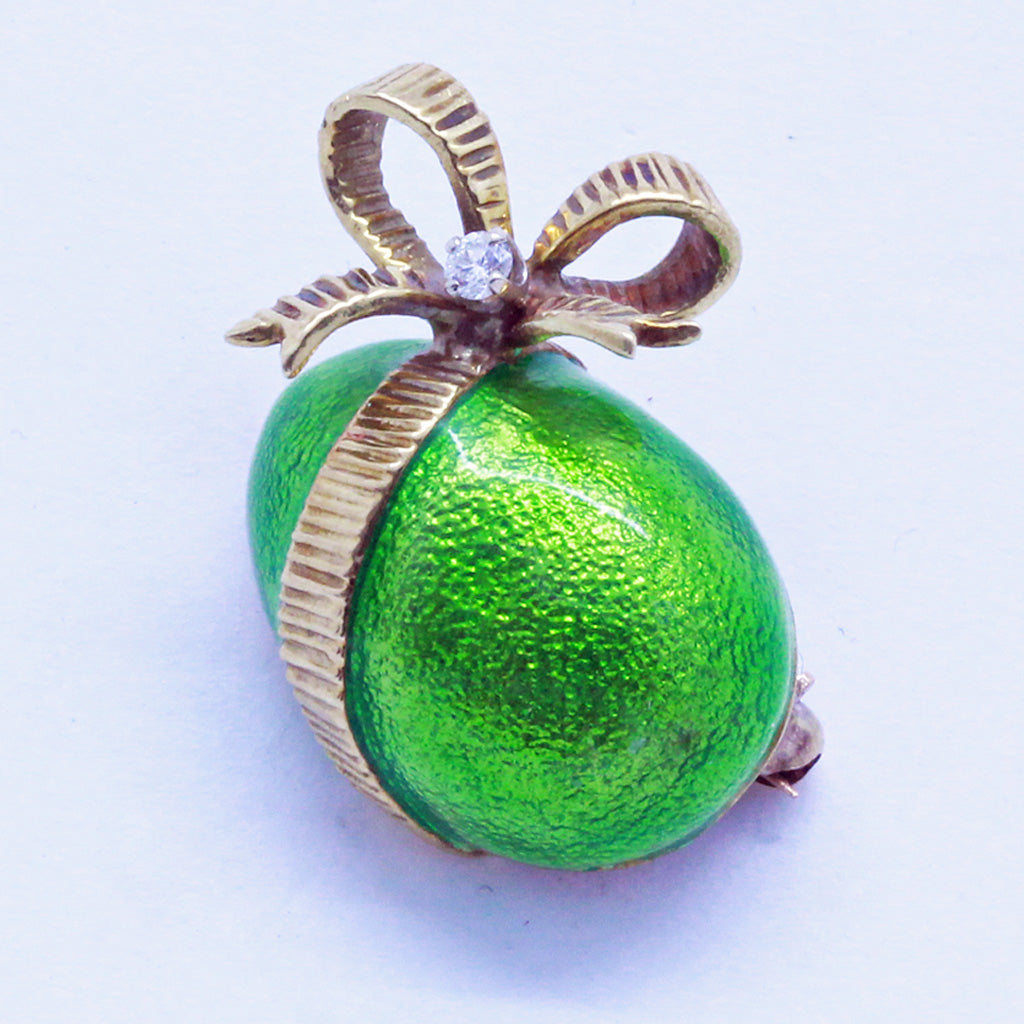 Signed Cartier Brooch Easter Egg Gift Wrapped 18k Gold Diamond Enamel (7161)