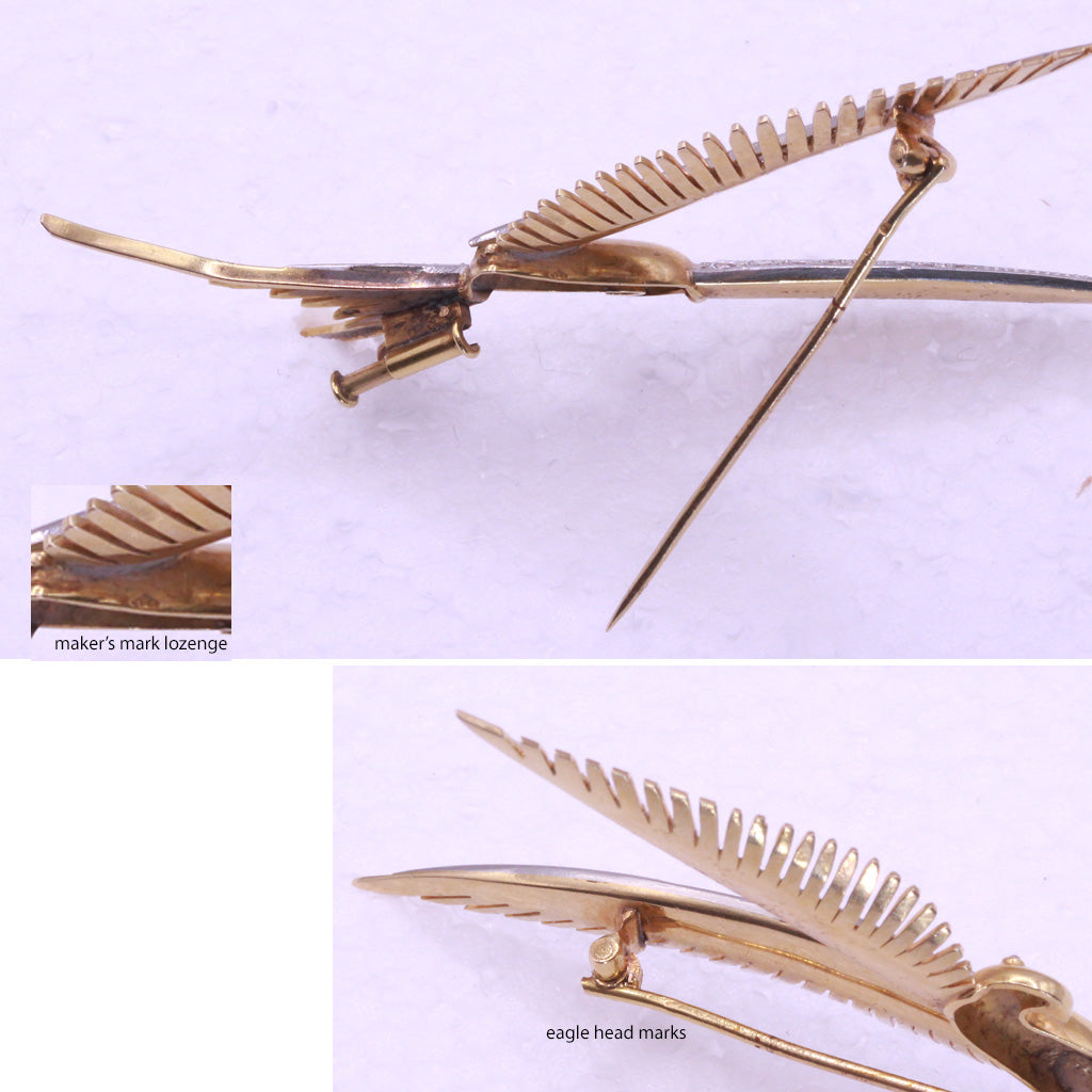 French Retro Bird Brooch 18k Gold Platinum Diamonds Unisex Design Vintage (7193)