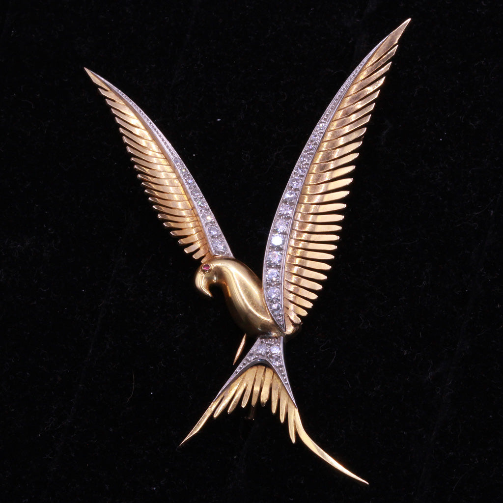 French Retro Bird Brooch 18k Gold Platinum Diamonds Unisex Design Vintage (7193)