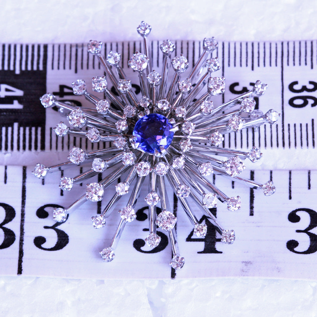 Mid century Brooch Pendant Starburst Sapphire Diamonds 14k Gold Vintage (7202)