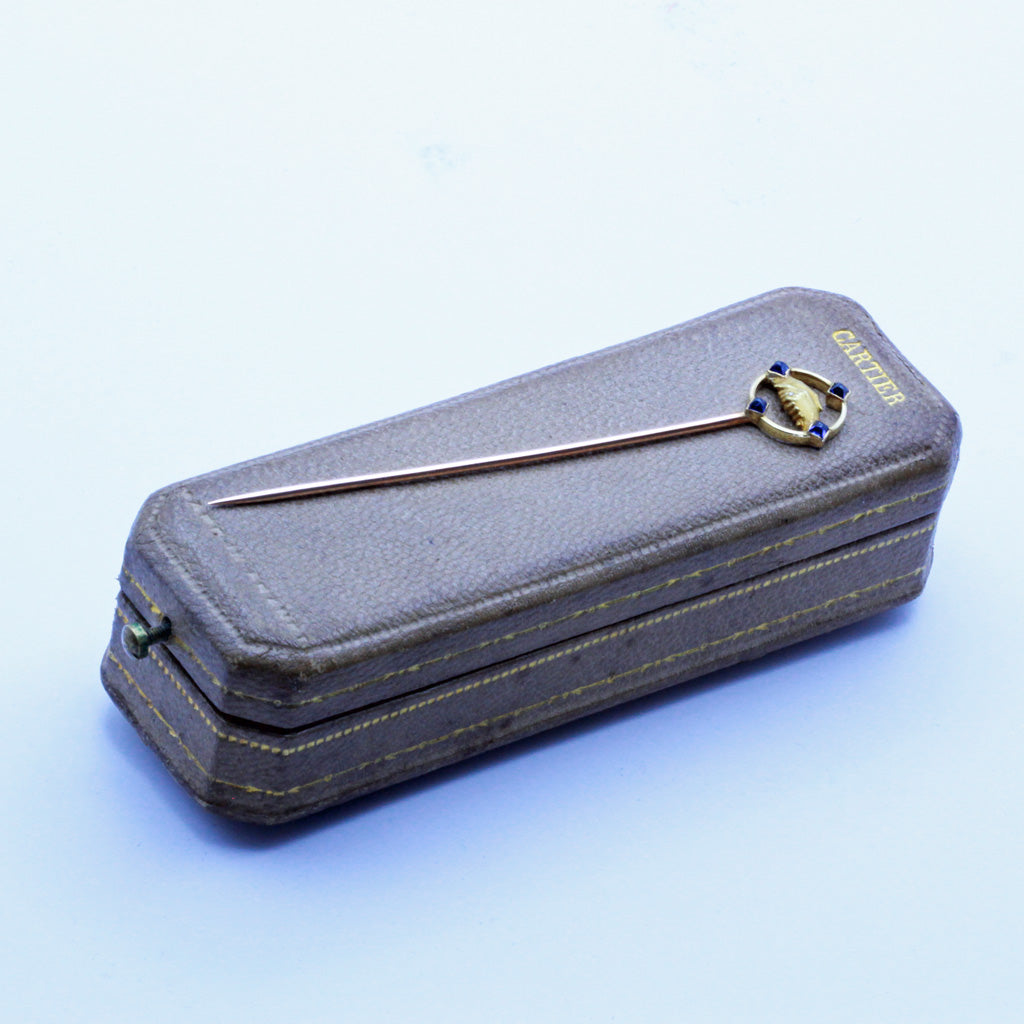 Cartier Antique Deco Stick Pin Friendship Gold Sapphires Orig Case Unisex(7203)