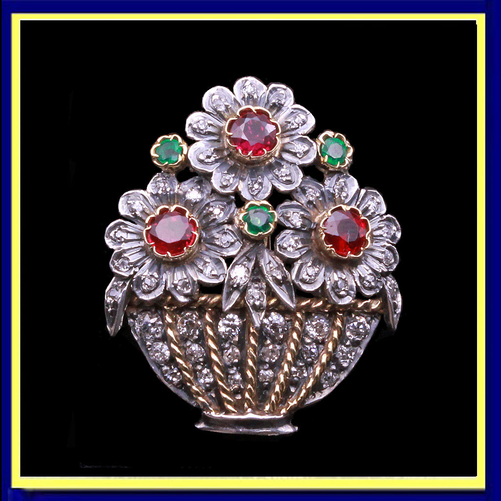 antique Giardinetti brooch diamonds rubies emeralds gold silver