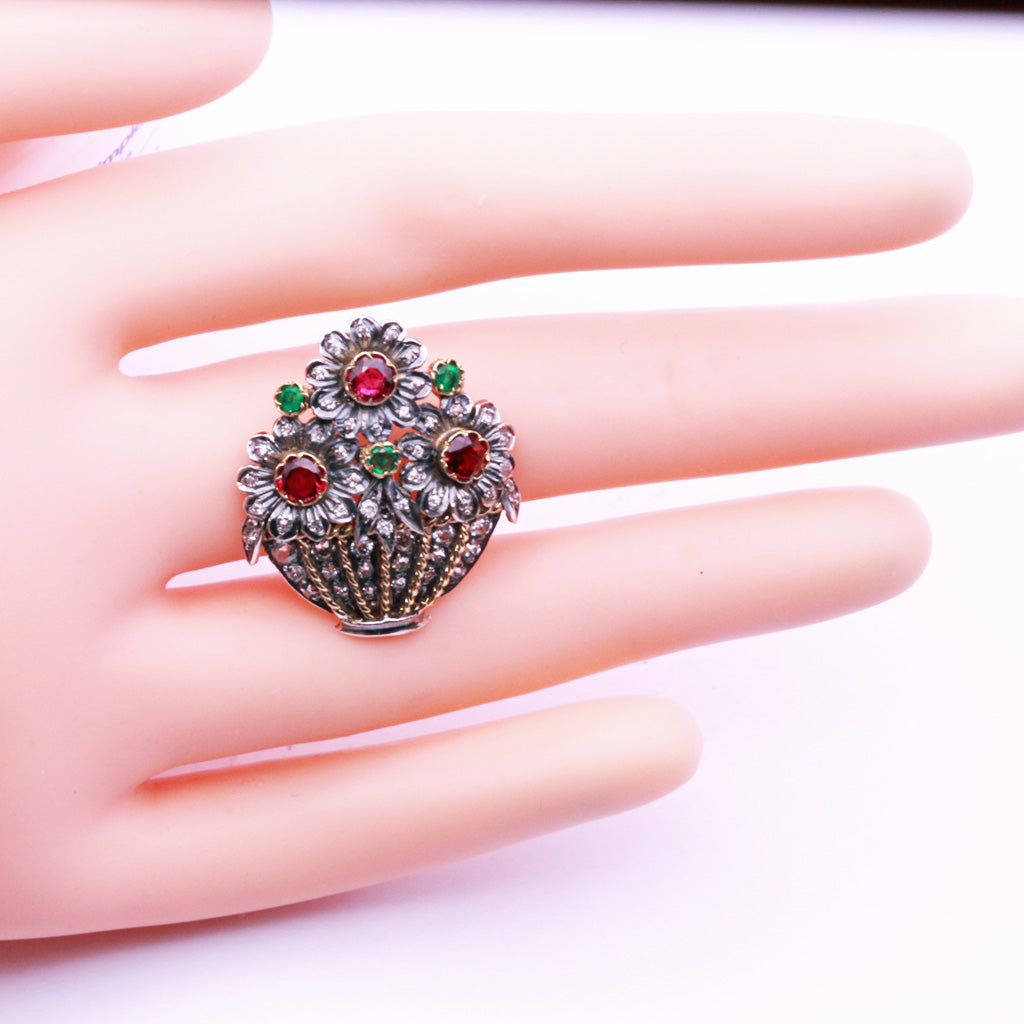 Antique Giardinetti brooch Diamonds Rubies Emeralds 18k Gold Silver (7224)