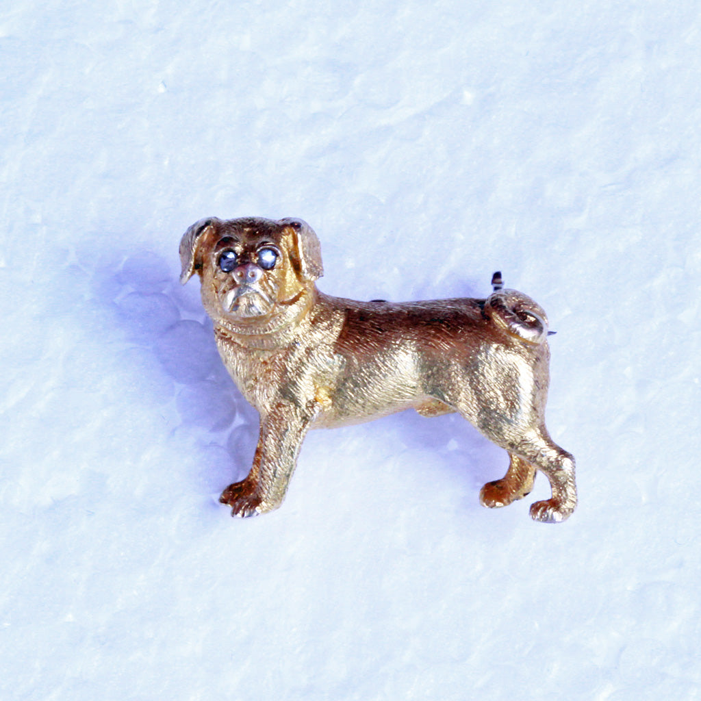 Antique Victorian Pug dog brooch charm pendant gold diamond eyes Unisex (7258)