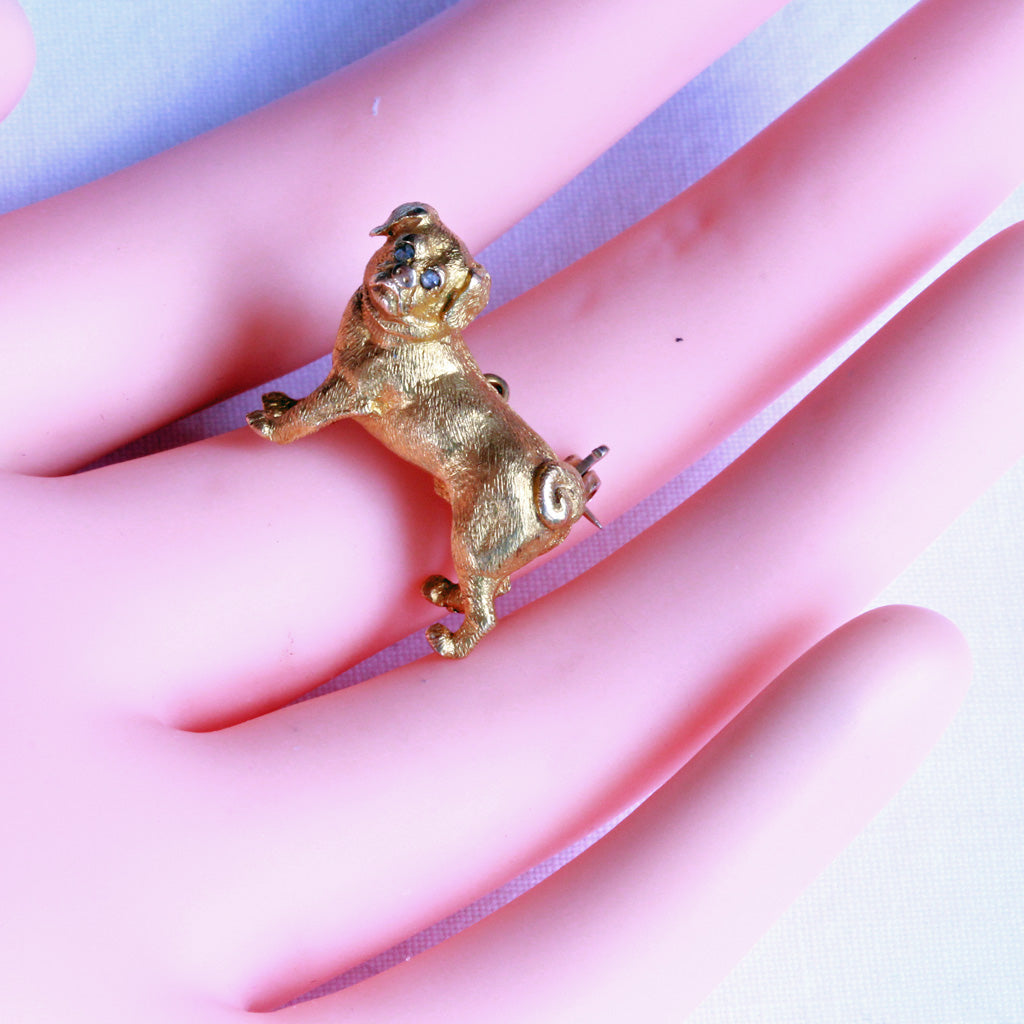 Antique Victorian Pug dog brooch charm pendant gold diamond eyes Unisex (7258)