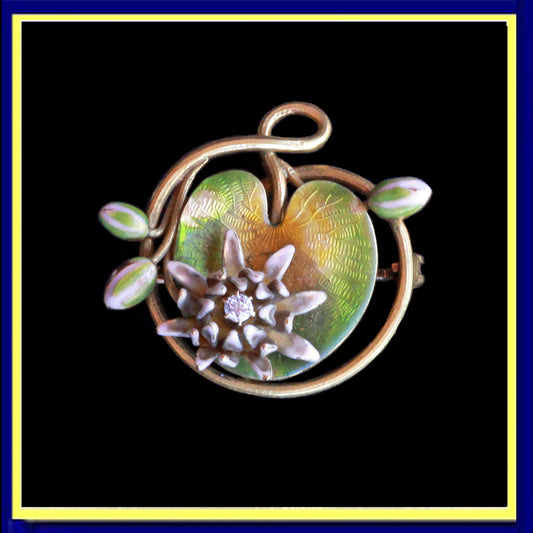 Krementz antique art Nouveau brooch pendant gold enamel diamond lily