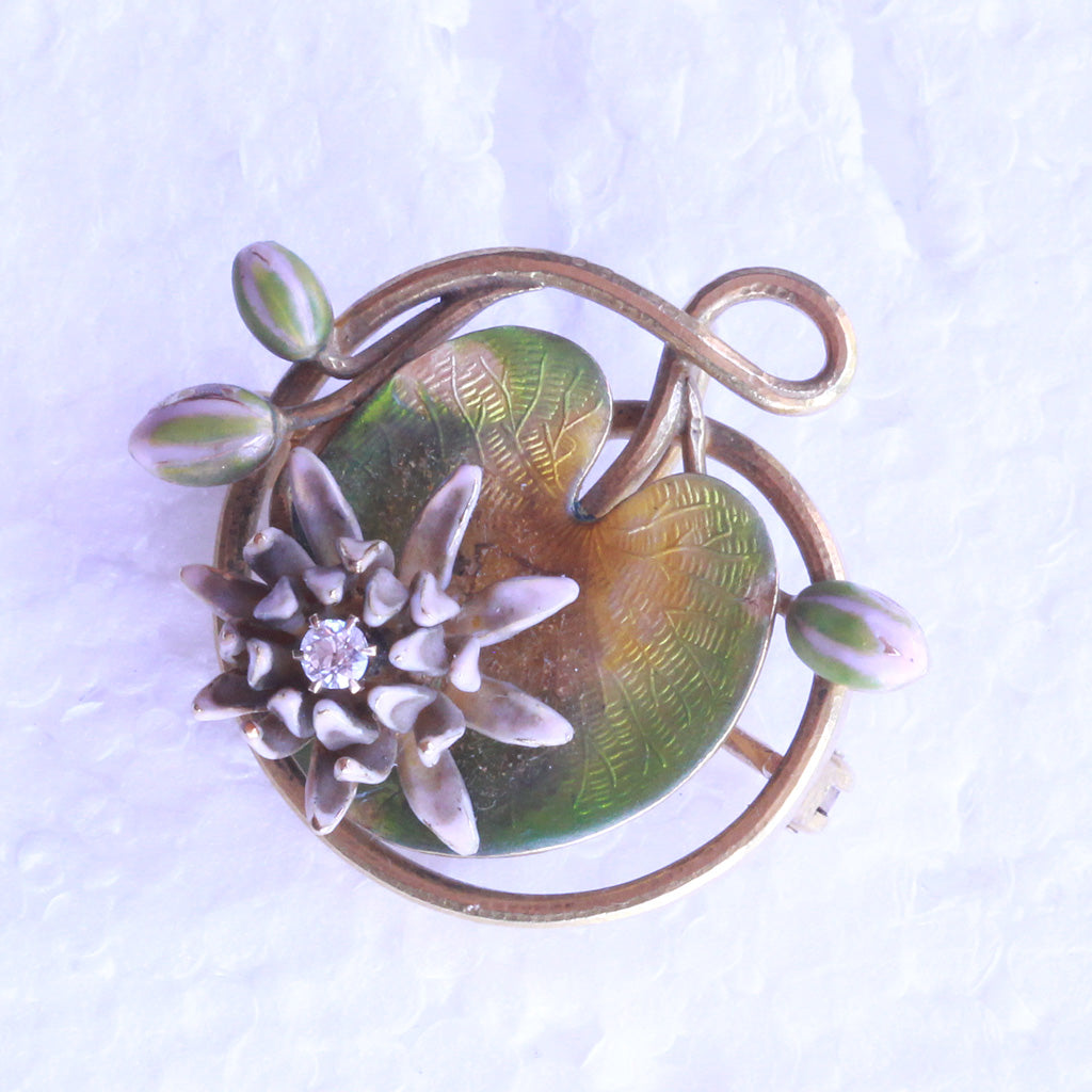 Krementz Antique Art Nouveau brooch pendant 14k gold enamel diamond Lily (7262)