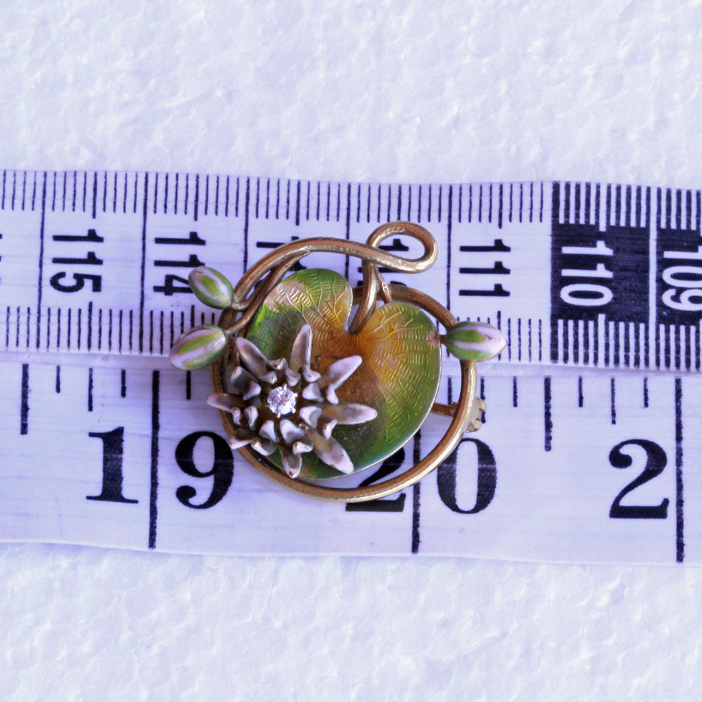 Krementz Antique Art Nouveau brooch pendant 14k gold enamel diamond Lily (7262)