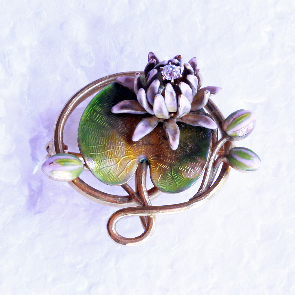 Krementz Antique Art Nouveau brooch pendant 14k gold enamel diamond Lily (7262)