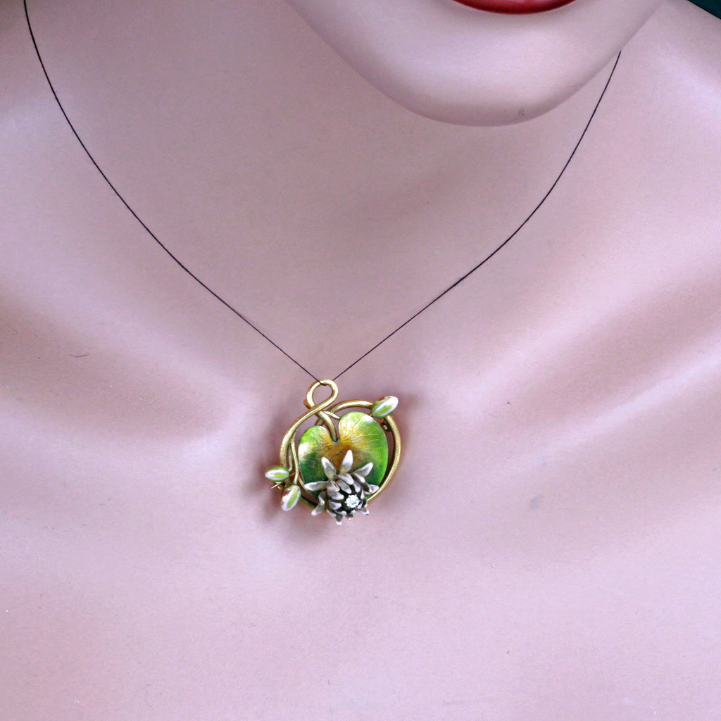 Krementz Antique Art Nouveau brooch pendant 14k gold enamel diamond Lily (7262)