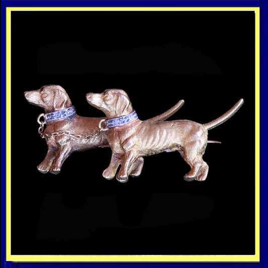 vintage brooch pair Dachshund dogs gold diamonds platinum sausage dog