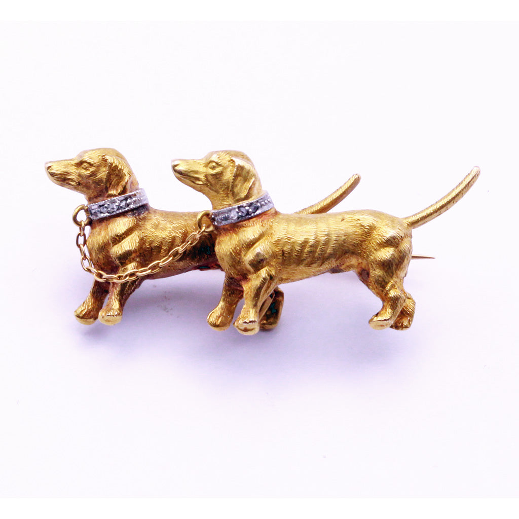 Vintage Brooch pair Dachshund dogs 18k gold diamonds platinum Sausage dog (7281)