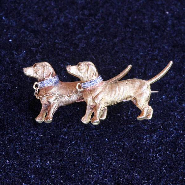 Vintage Dachshund Brooch Pair 18k Gold Diamonds Platinum