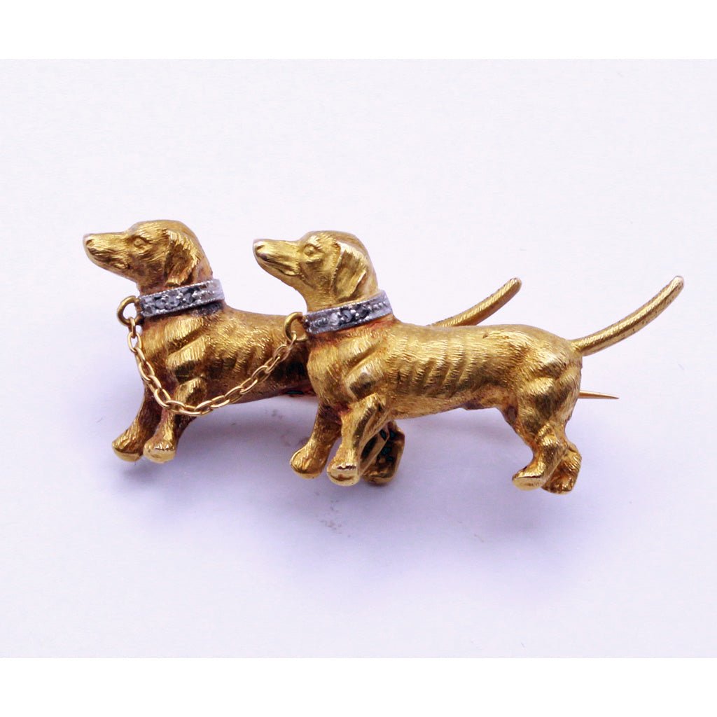 Vintage Brooch pair Dachshund dogs 18k gold diamonds platinum Sausage dog (7281)
