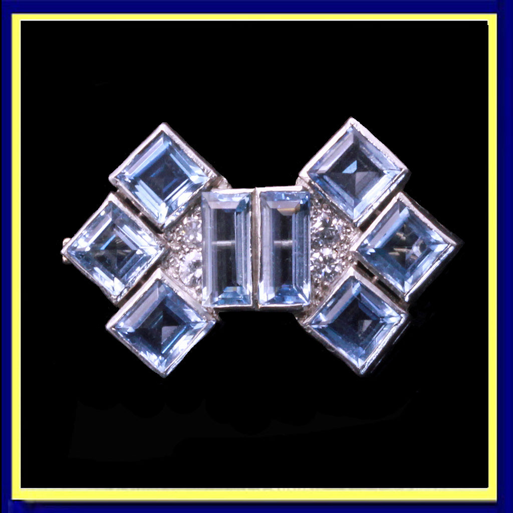 antique vintage art Deco brooch platinum aquamarine diamonds bow unisex