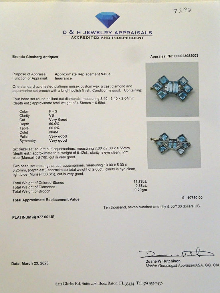 Antique Vintage Art Deco brooch platinum aquamarine diamonds bow unisex (7292)
