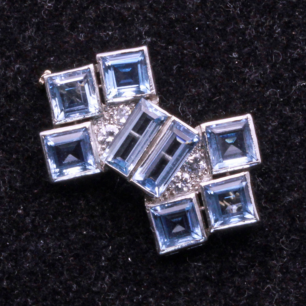 Antique Vintage Art Deco brooch platinum aquamarine diamonds bow unisex (7292)