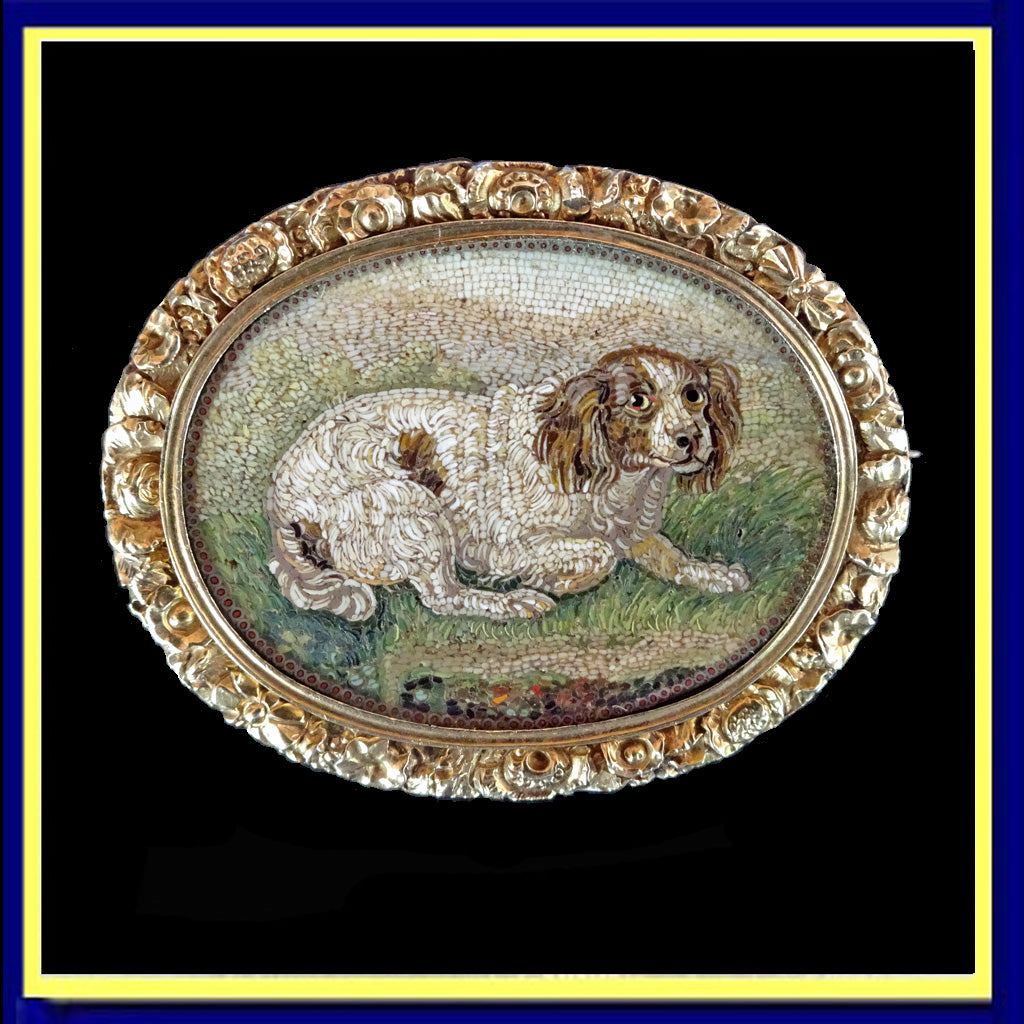 antique Georgian micromosaic brooch pendant locket gold spaniel dog