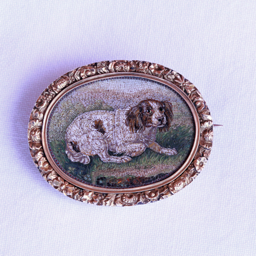 Antique Georgian Micromosaic Brooch Pendant Locket 14k Gold Spaniel Dog (7295)