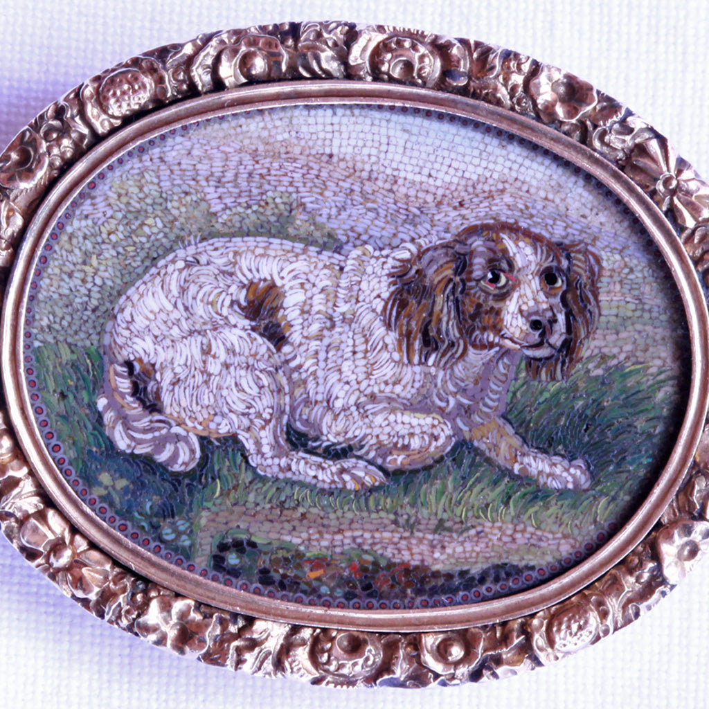Antique Georgian Micromosaic Brooch Pendant Locket 14k Gold Spaniel Dog (7295)