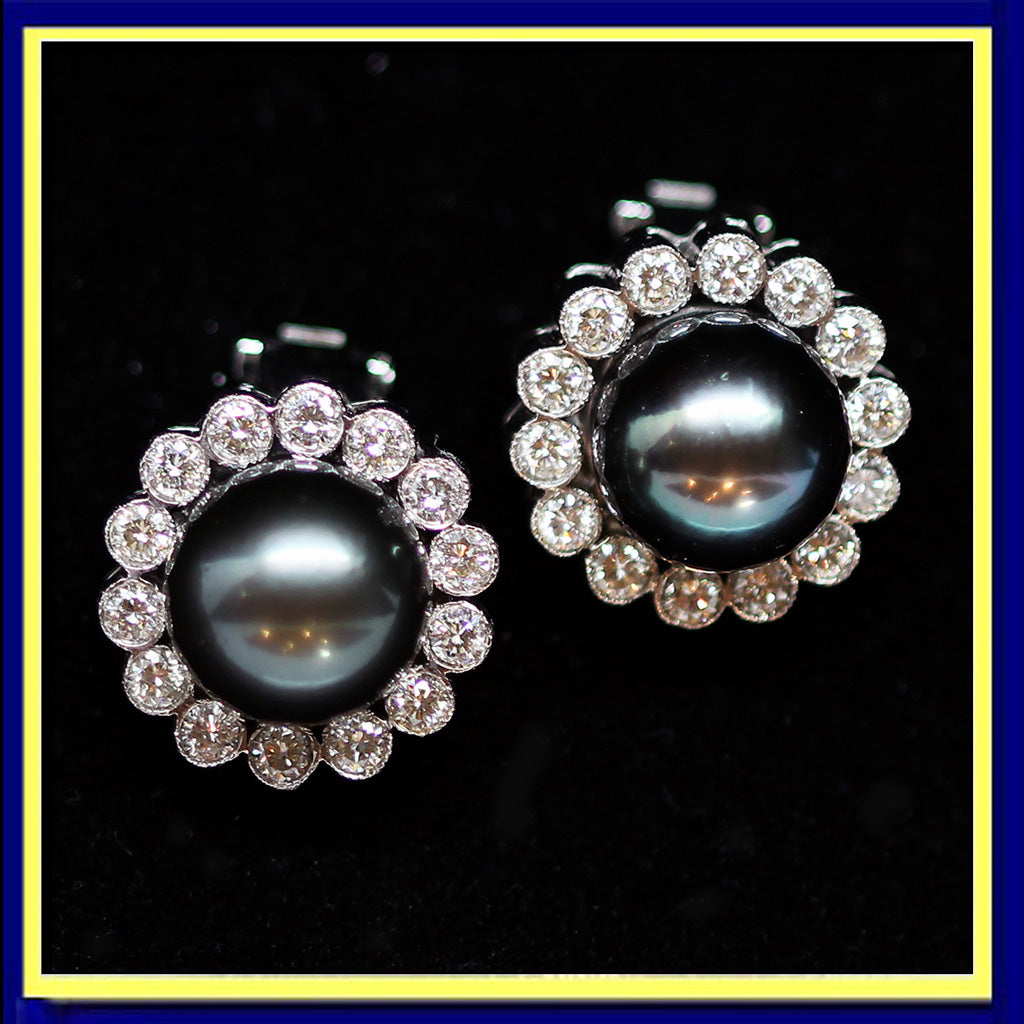 vintage earrings Tahitian Pearl diamonds gold ear clips