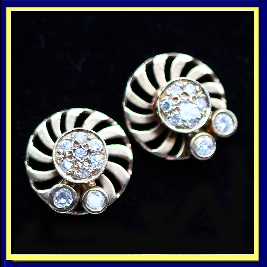 vintage Retro pop earrings gold diamonds flower kinetic swinging